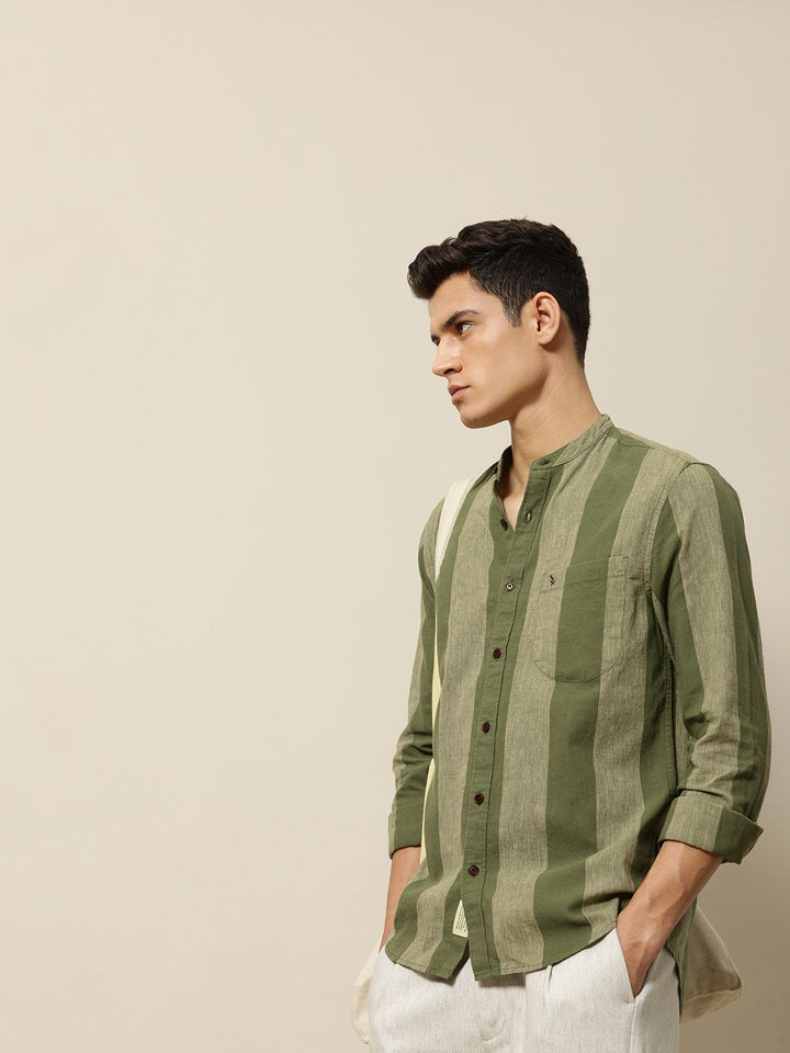 Mr Bowerbird Men Olive Green & Beige Tailored Fit Striped Cotton Linen Casual Shirt