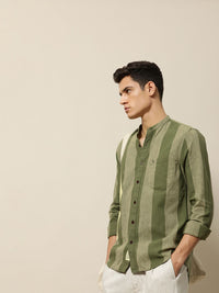 Mr Bowerbird Men Olive Green & Beige Tailored Fit Striped Cotton Linen Casual Shirt
