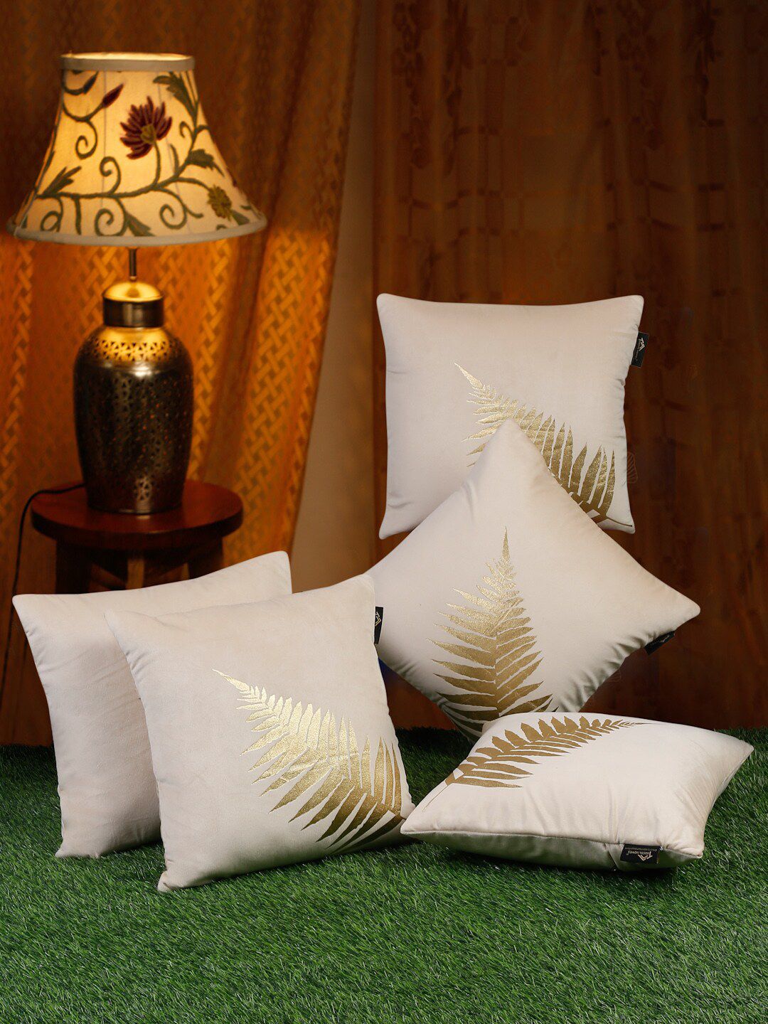 HOSTA HOMES Beige & Gold-Toned 5 Pcs Floral Velvet Square Cushion Covers