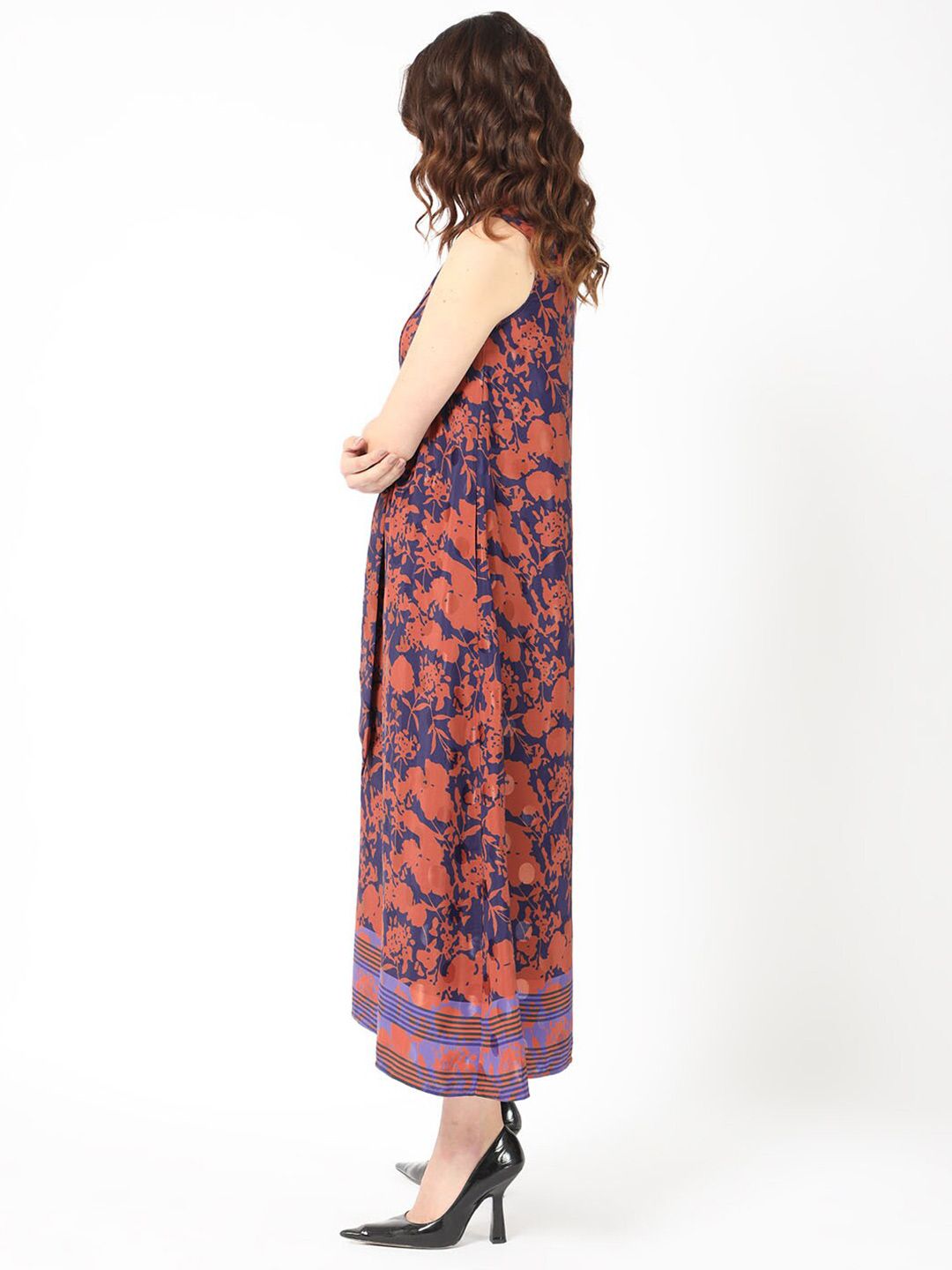 RAREISM Ellu Floral Printed Tie-Up Neck A-Line Midi Dress