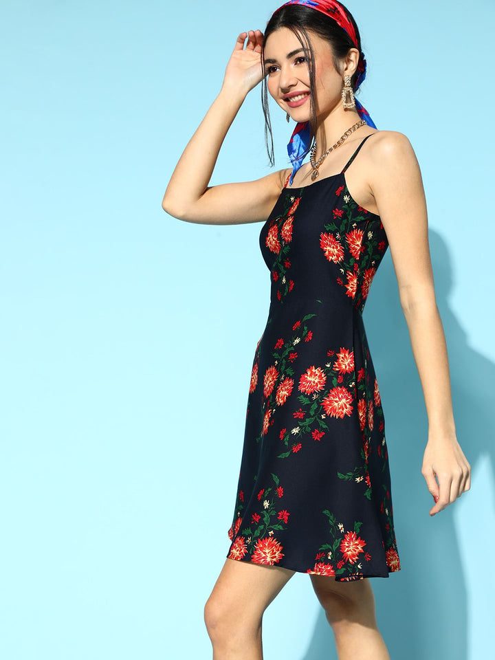 Berrylush Navy Blue & Red Floral Print Crepe A-Line Dress