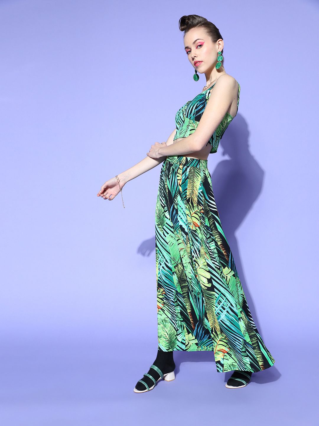 Berrylush Women Green & Yellow Tropical Print Cami Top & A-Line Skirt