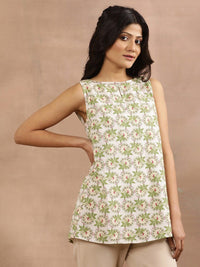 W Floral Printed Keyhole Neck Pure Cotton Top