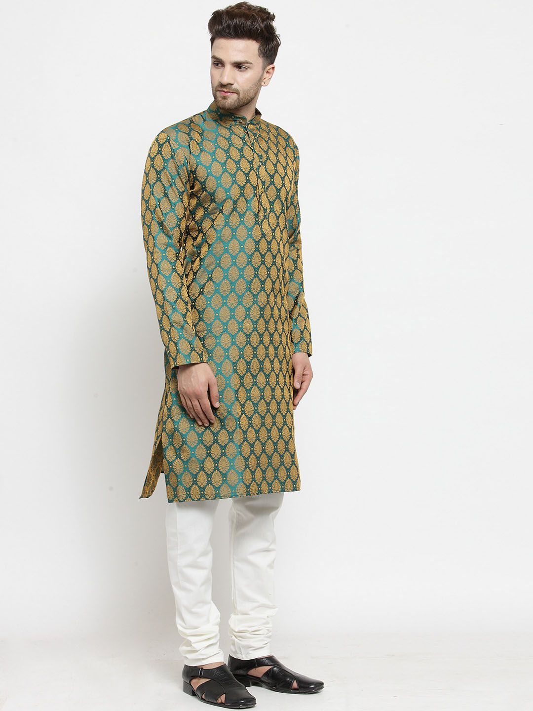 Jompers Men Green & White Woven Design Kurta with Churidar