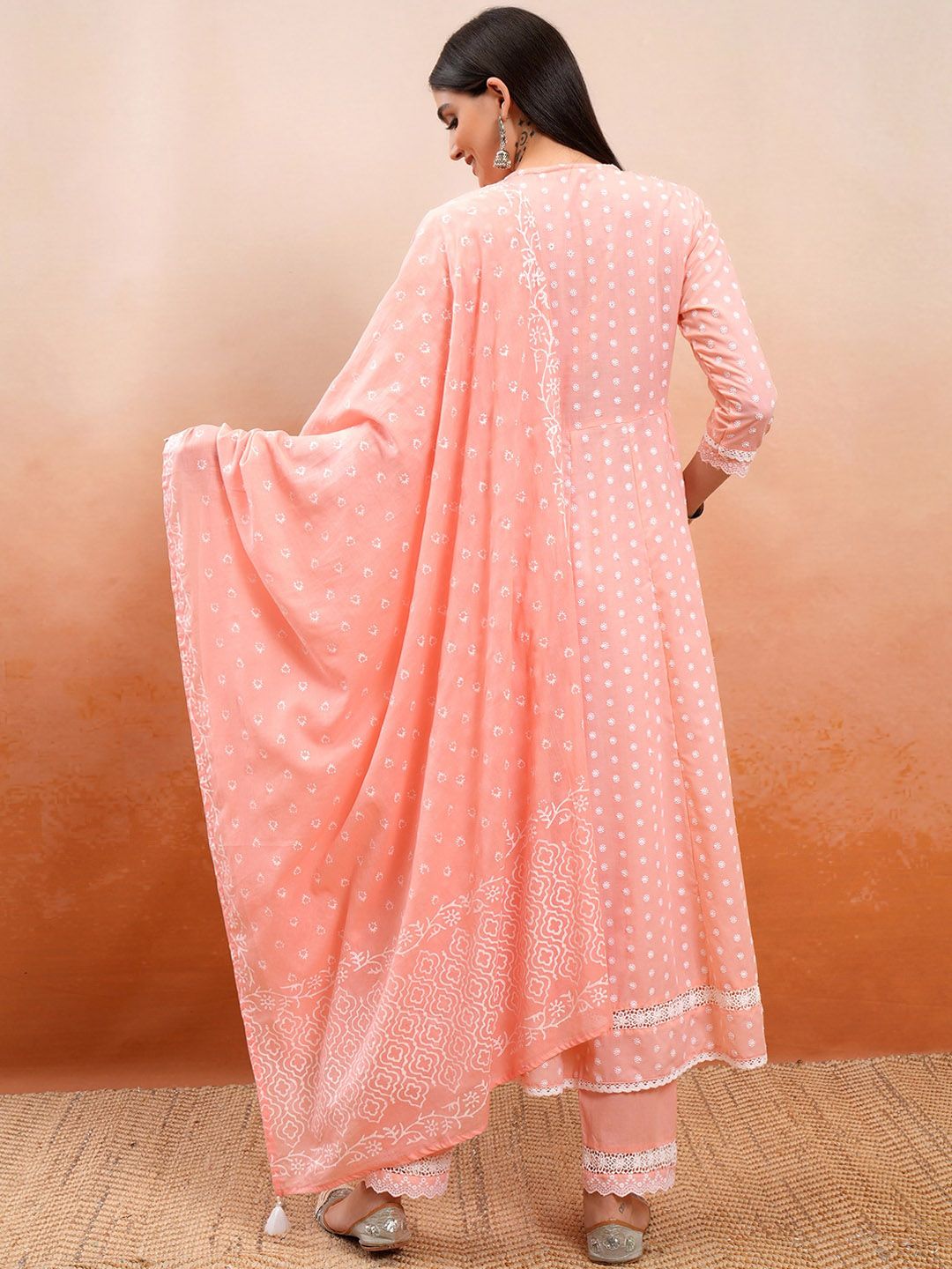 Vishudh Peach Embroidered Mirror Work Pure Cotton Anarkali Kurta With Trousers & Dupatta