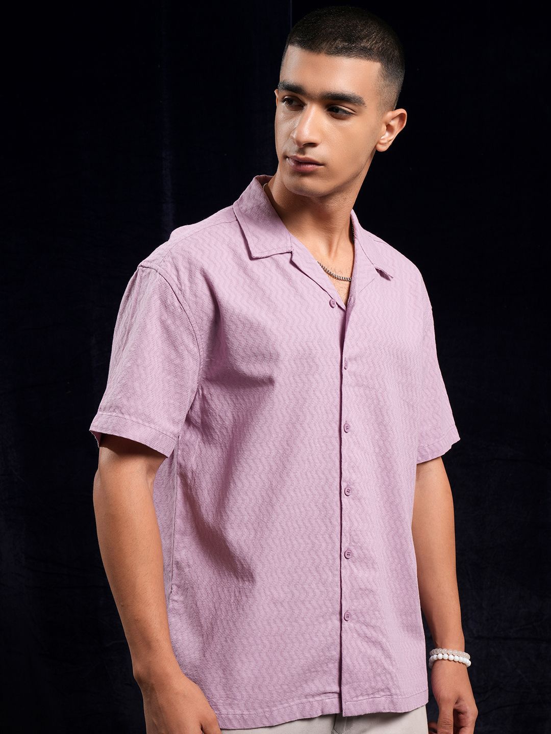 HIGHLANDER Men Dobby Textured Solid Cuban Collar Relaxed Shirt