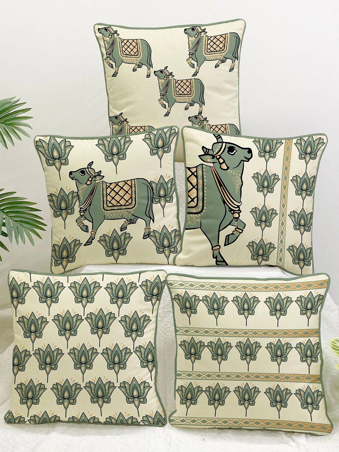STITCHNEST Cream & Olive Green Set of 5 Ethnic Motifs Velvet Square Cushion Covers