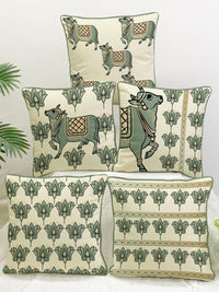 STITCHNEST Cream & Olive Green Set of 5 Ethnic Motifs Velvet Square Cushion Covers