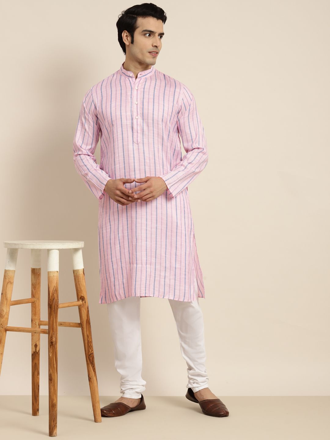 Anug by SOJANYA Men Pink & Blue Striped Kurta