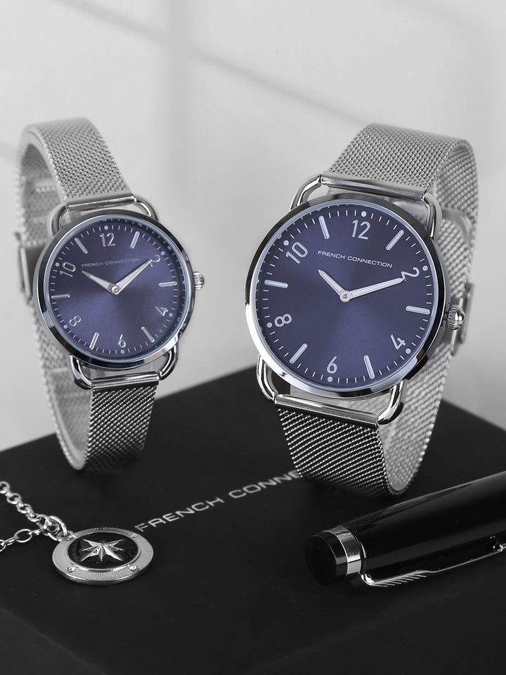 Sambungan Perancis Dail Biru & Perak Toned Pasangan Stainless Watch