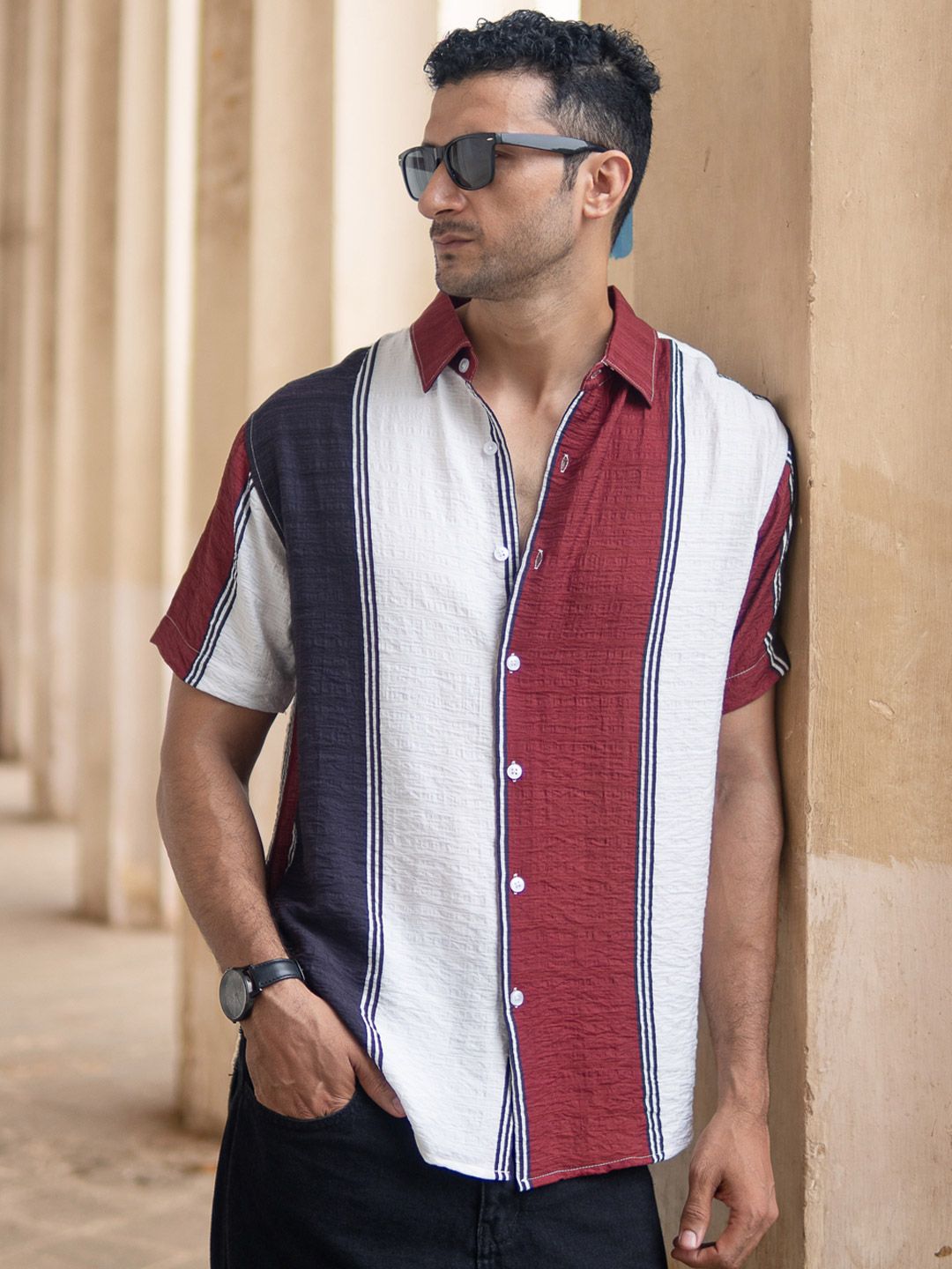 Powerlook Men Striped Spread Collar Lightweight Structure Casual Shirt