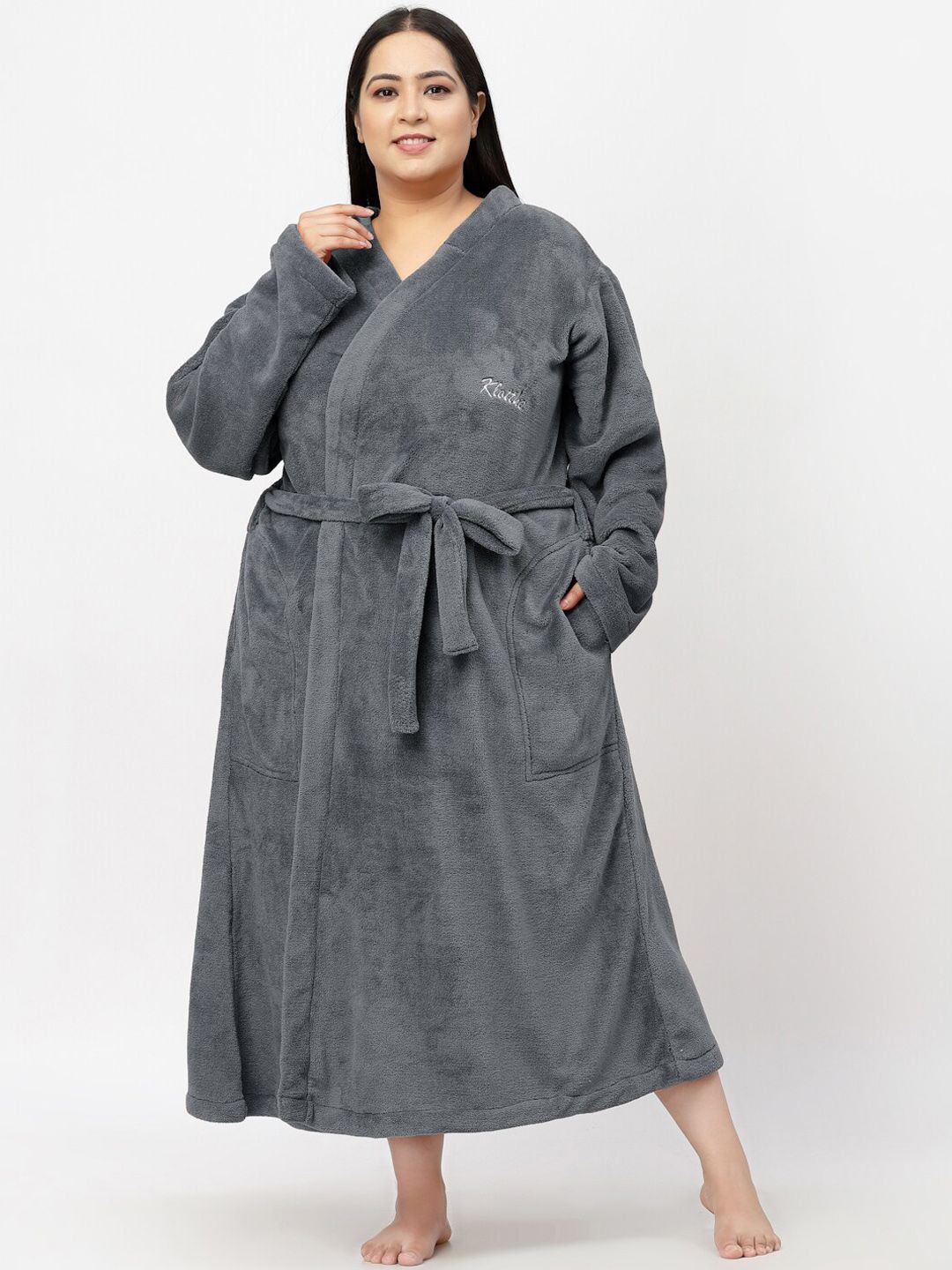 KLOTTHE Women Plus Size Solid Woolen Bath Robe With Belt