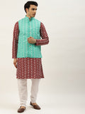 SOJANYA Men Maroon Chikankari Embroidered Kurta with Churidar & Nehru Jacket