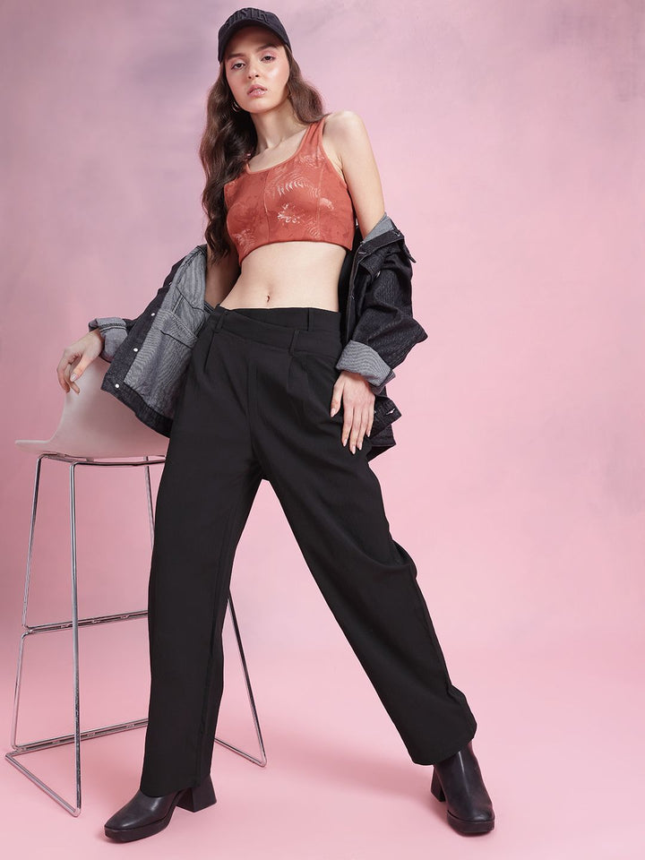 DressBerry Women Classic Cuts Textured Pleated Asymmetric Waist Trousers