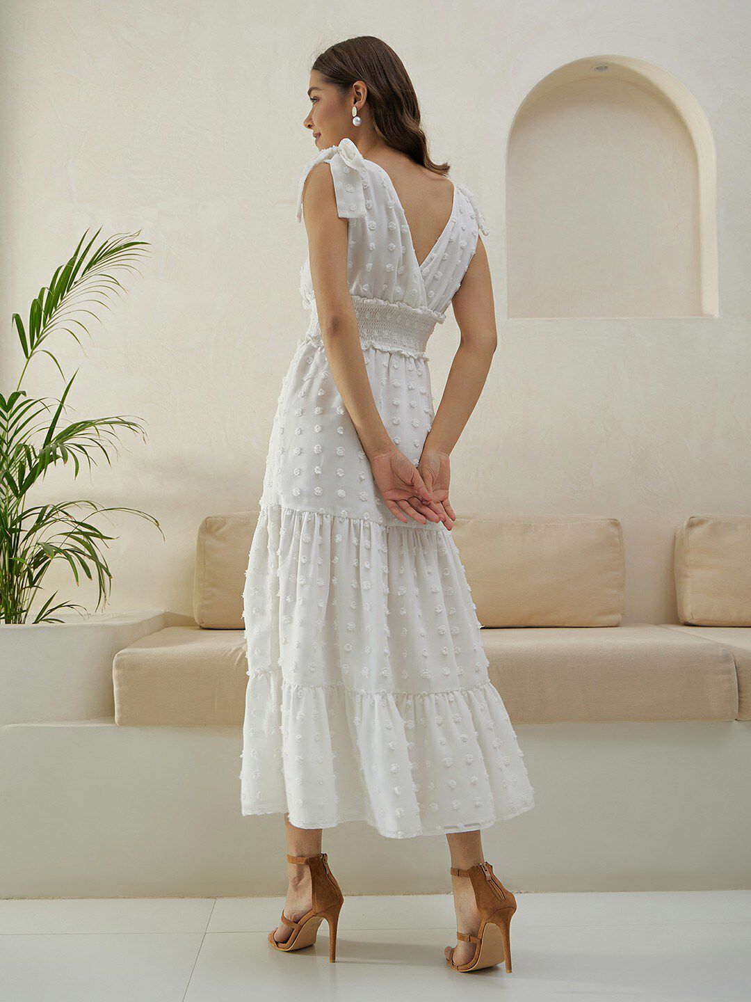 Berrylush White Self Design V-Neck Smocked Maxi Dress