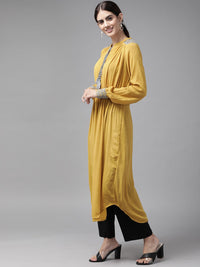 W Women Mustard Yellow Woven Design A-Line Kurta