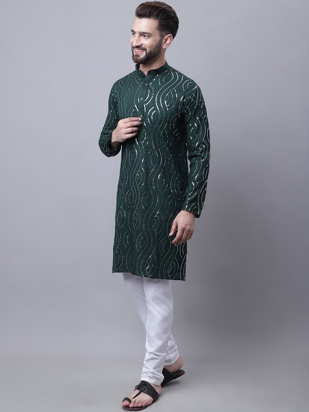 SOJANYA Motif Etnik Lelaki Sulam Kurta Kapas Tulen dengan Piyama & Jaket Nehru