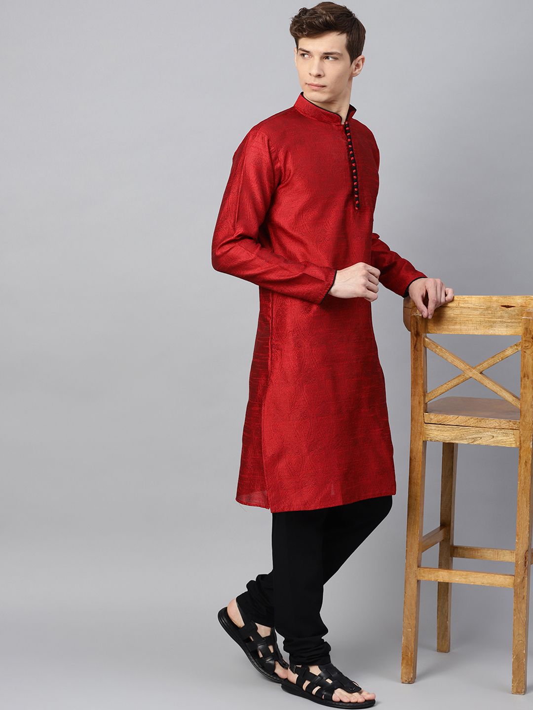 SOJANYA Men Maroon Woven Design Kurta Lurus