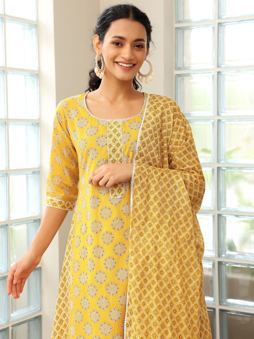 Libas Ethnic Motifs Printed A-Line Pure Cotton Kurta with Trousers & Dupatta