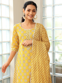 Libas Ethnic Motifs Printed A-Line Pure Cotton Kurta with Trousers & Dupatta