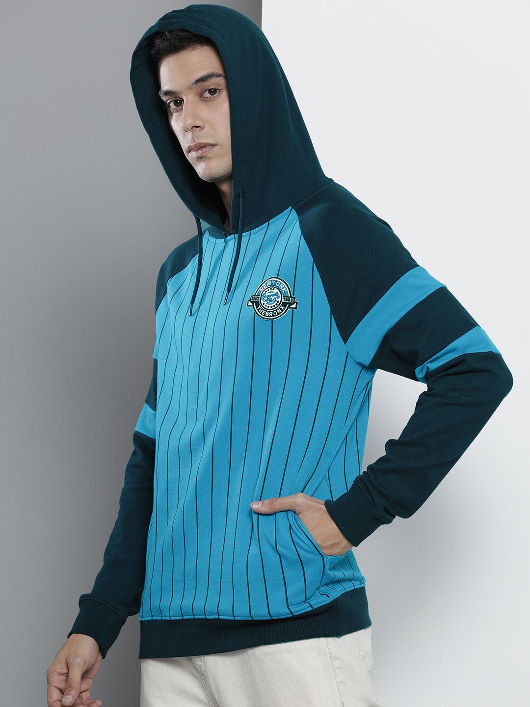 The Indian Garage Co Men Blue Striped Hooded Sweatshirt