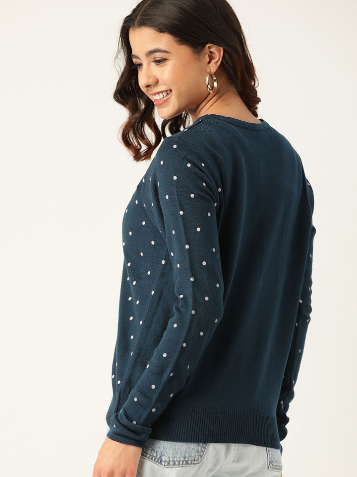 DressBerry Women Navy Blue & Off-White Acrylic Printed Cardigan