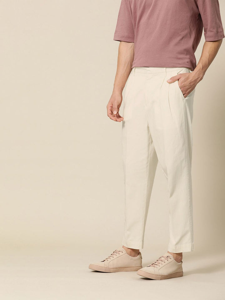 Mr Bowerbird Men Cream-Coloured Oversized Fit Mid-Rise Elephant Ankle Pleated Trousers