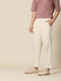 Mr Bowerbird Men Cream-Coloured Oversized Fit Mid-Rise Elephant Ankle Pleated Trousers