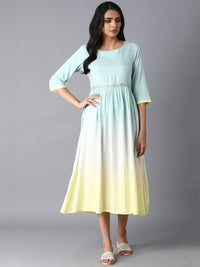 W Women Blue & Yellow Colourblocked Empire Dress