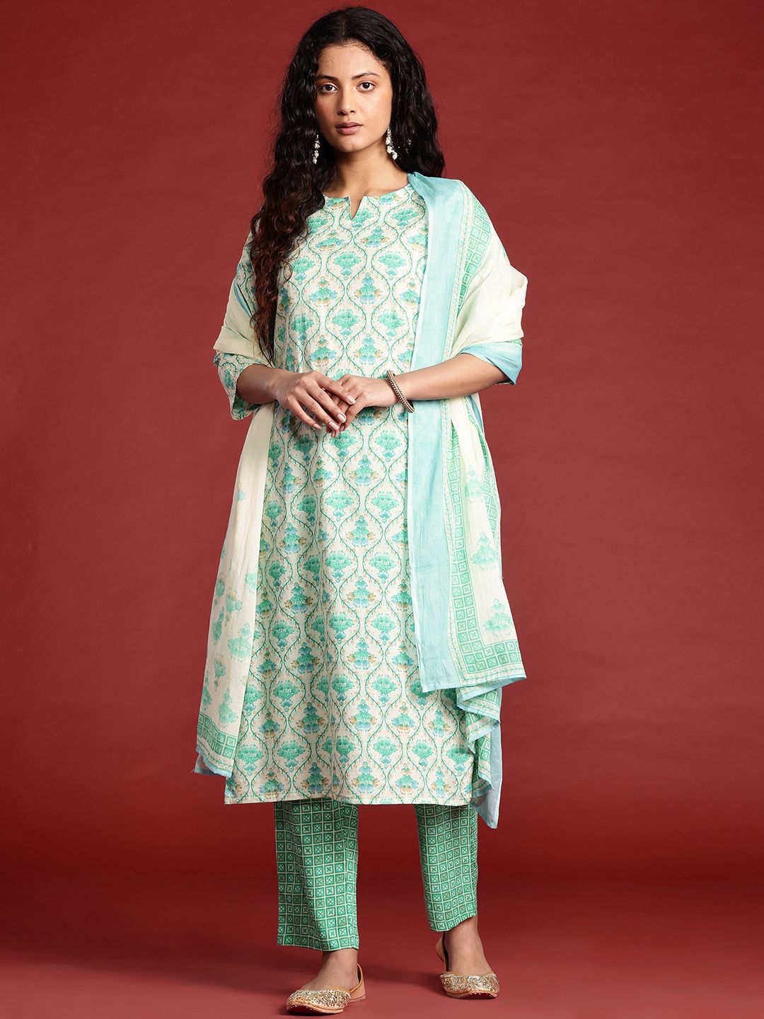 Anouk Ethnic Motifs Printed Cotton Kurta with Trousers & With Dupatta