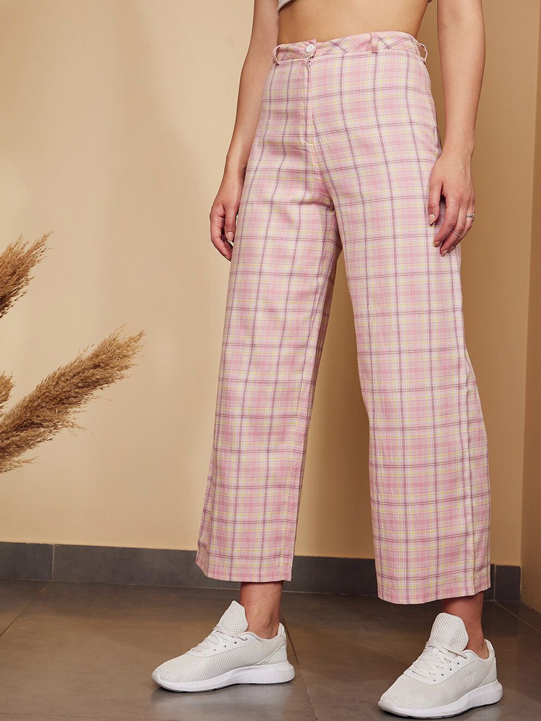 Berrylush Pink Checked Relaxed High-Rise Trousers