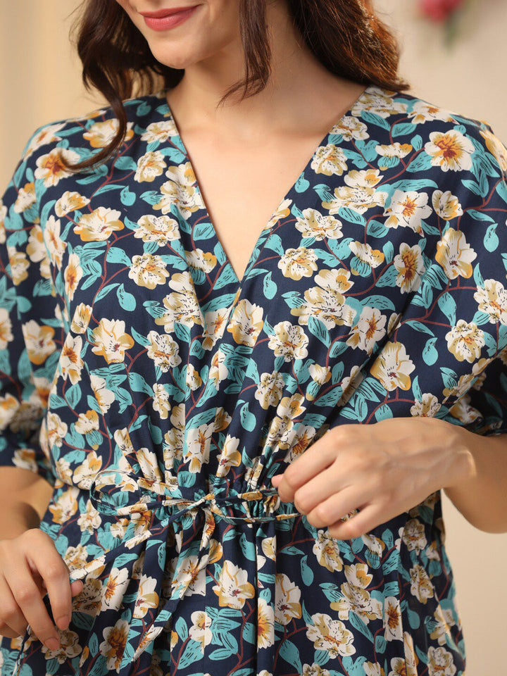 SANSKRUTIHOMES Navy Blue Floral Printed Pure Cotton Maxi Nightdress