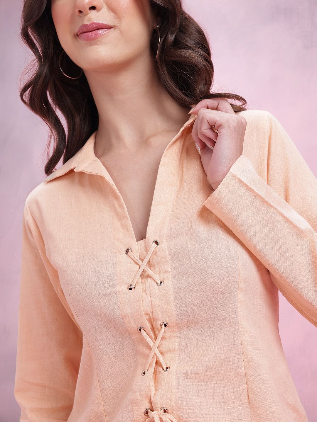 DressBerry Cotton Linen Tie-Up Back Shirt Style Top