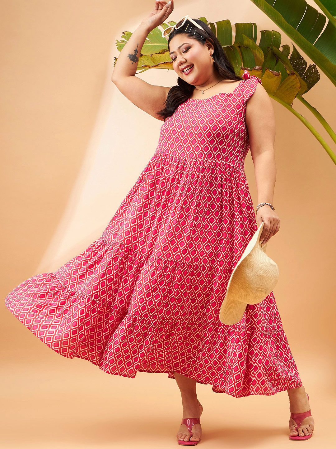 SASSAFRAS Curve Plus Size Pink Geometric Printed Gathered Tiered Fit & Flare Maxi Dress