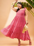 SASSAFRAS Curve Plus Size Pink Geometric Printed Gathered Tiered Fit & Flare Maxi Dress