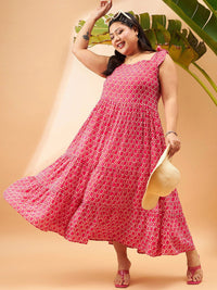 SASSAFRAS Curve Plus Size Pink Geometric Printed Gathered Tiered Fit & Flare Maxi Dress