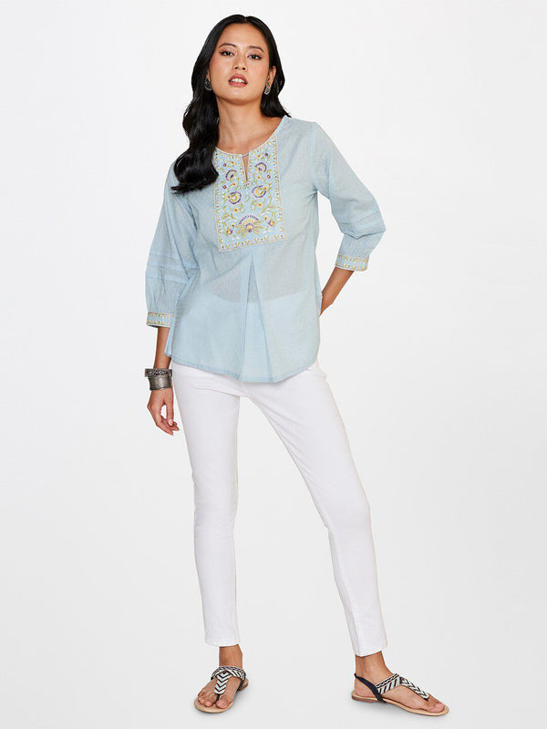 Global Desi Dobby Weave Keyhole Neck Pure Cotton Top