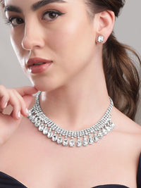 Rubans Women Rhodium Plated Crystal White AD & Cubic Zirconia Studded Jewellery Set