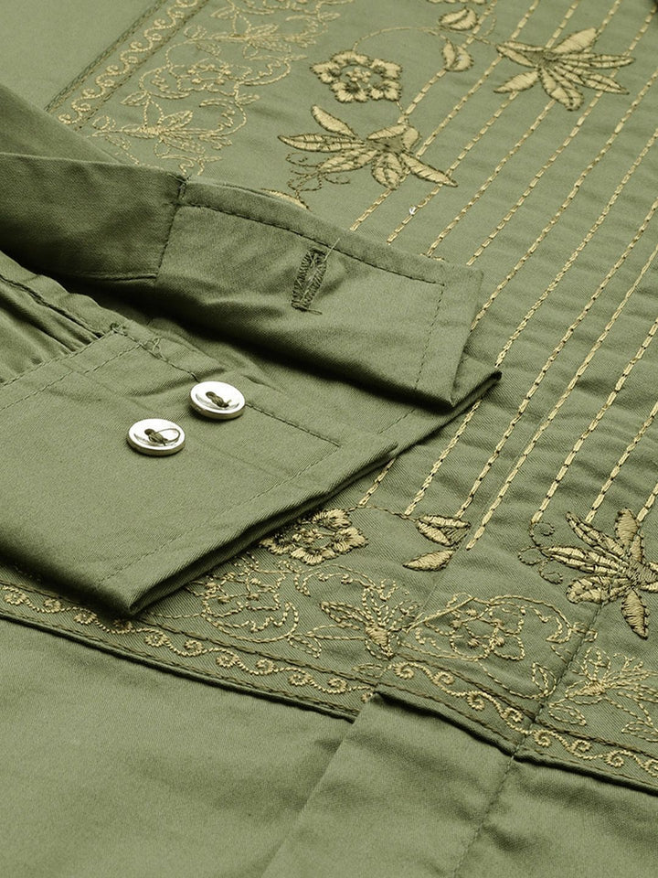 House of Pataudi Floral Embroidered Roll-Up Sleeves Pure Cotton Party Jashn Shirt