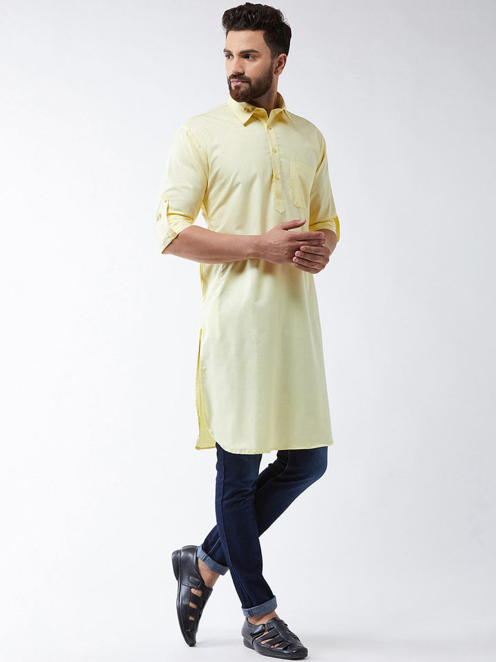 SOJANYA Lelaki Yellow Solid Pathani Kurta