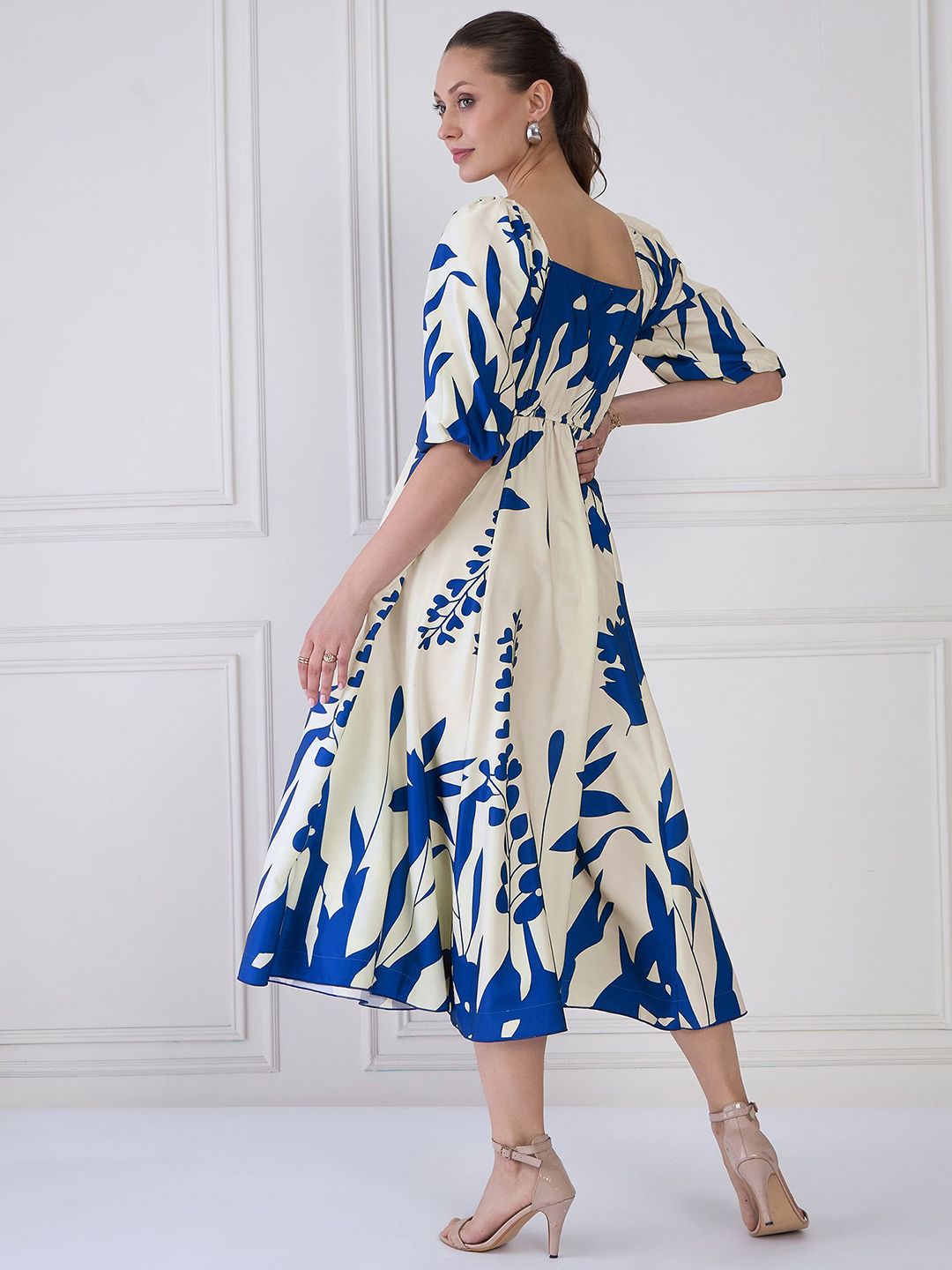 Antheaa Tie and Dye Print Puff Sleeve Crepe A-Line Midi Dress