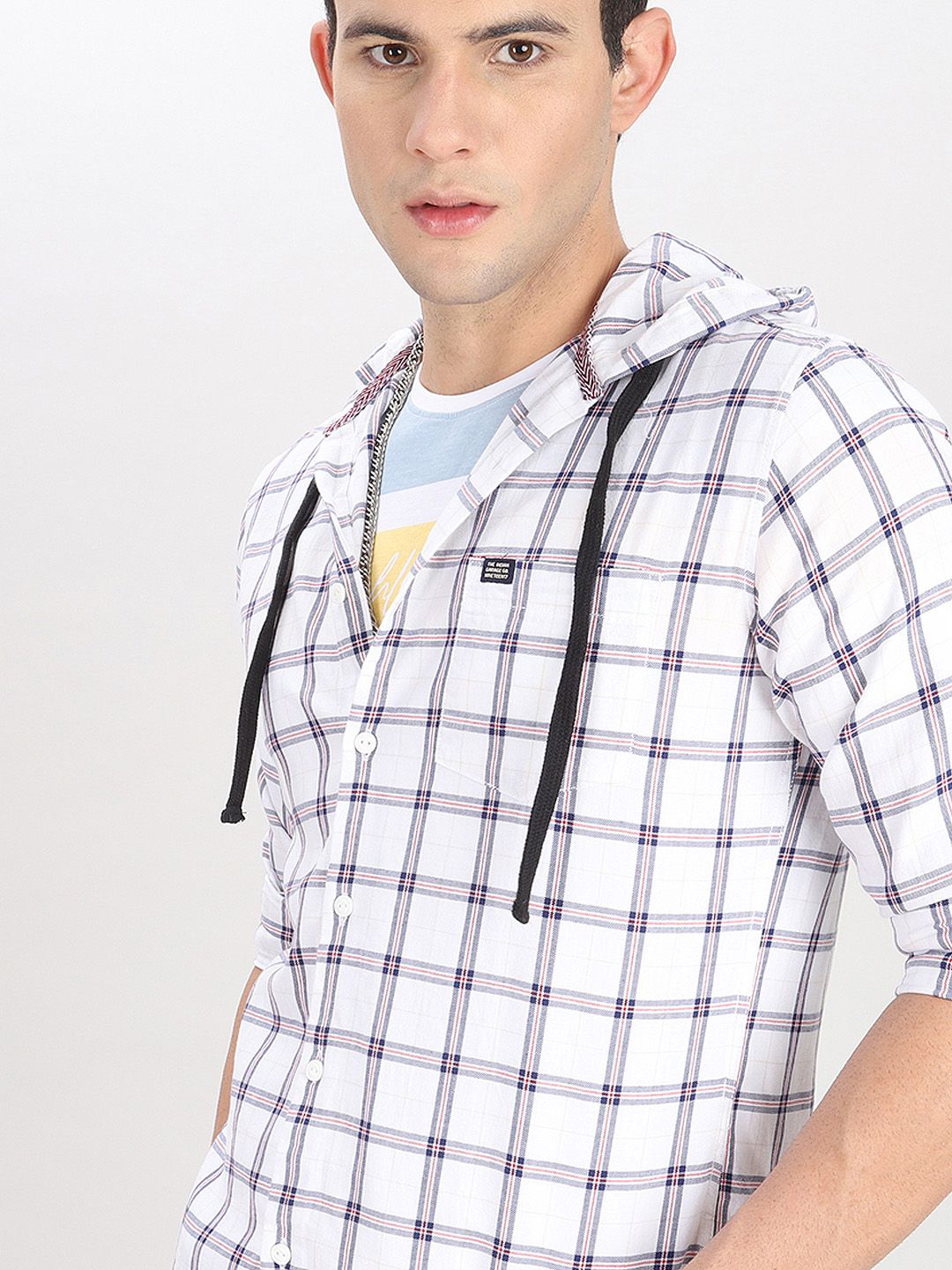 The Indian Garage Co Men White Checked Hooded Casual Shirt