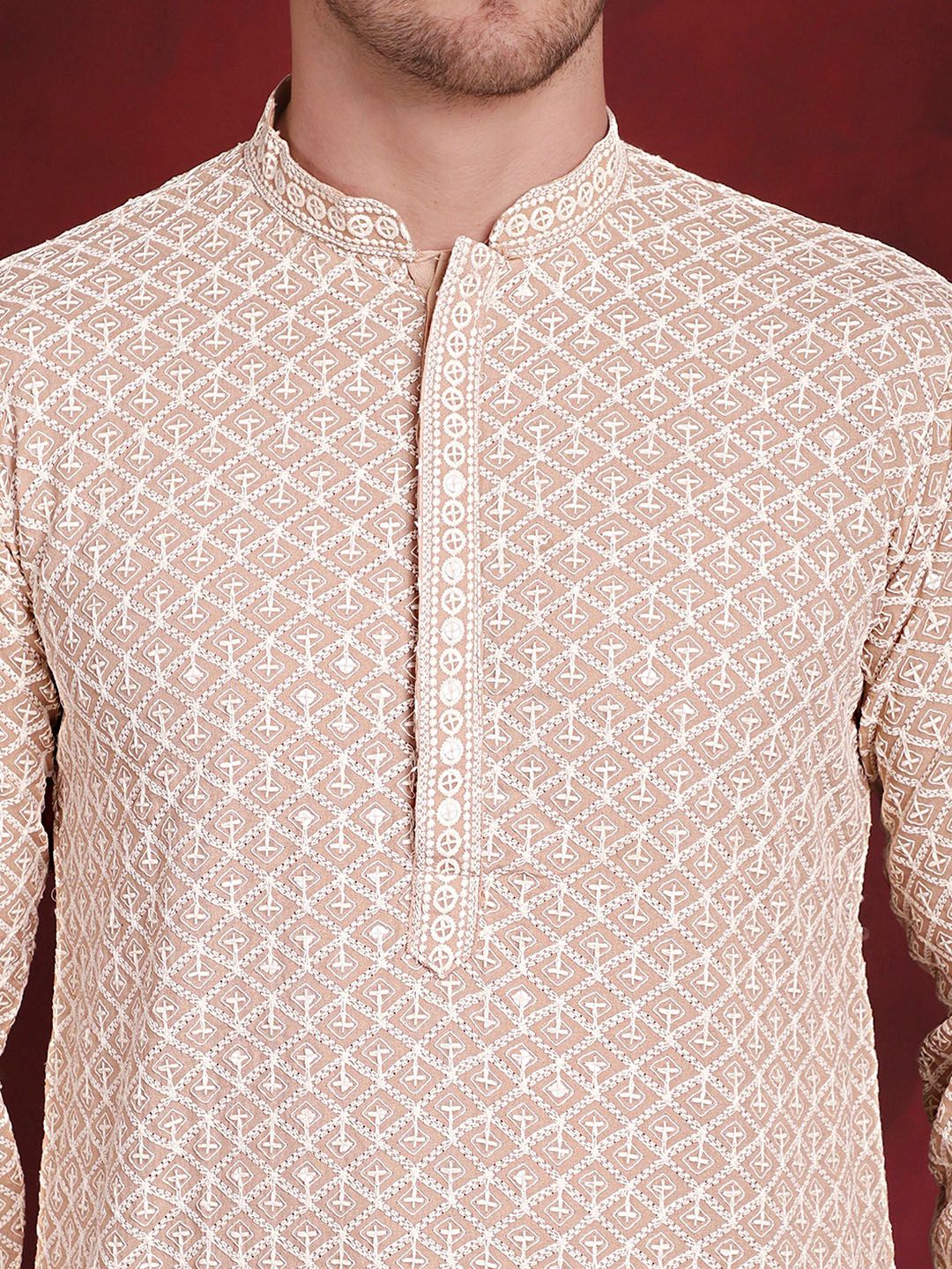 Jompers Geometric Self Design Thread Work Pure Cotton Kurta With Pyjamas