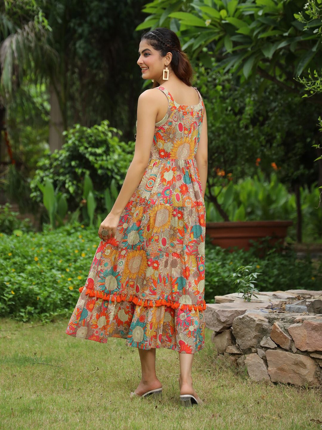 Rain & Rainbow Shoulder Strapped Floral Printed Fit and Flared Pure Cotton Midi Dress