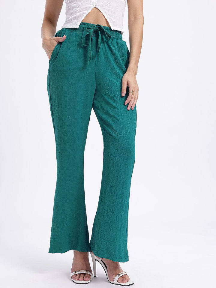DressBerry Women Mid-Rise Crinkled Effect Flared Fit Trousers
