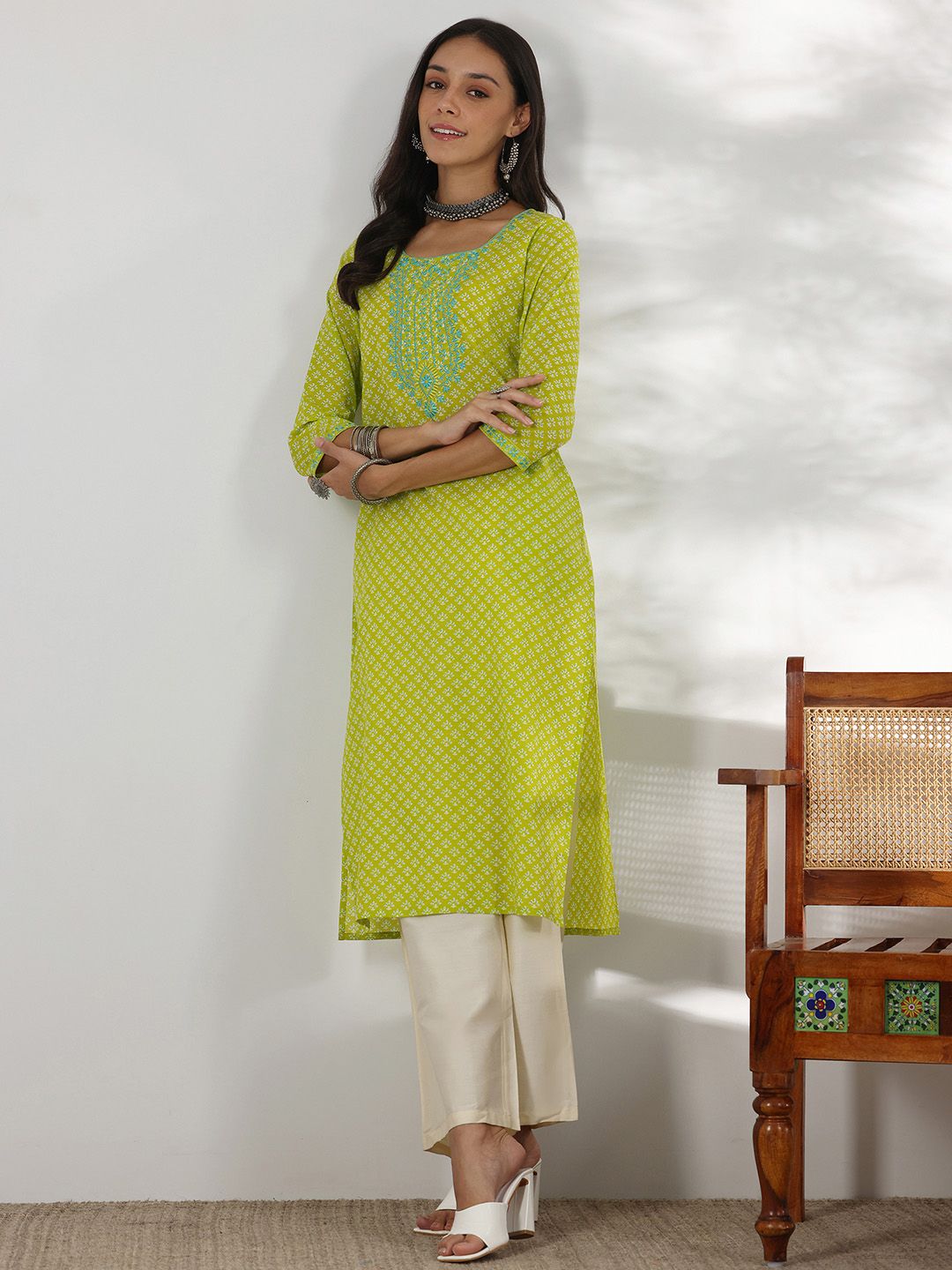 Libas Floral Printed Round Neck Thread WorkCotton Straight Kurta