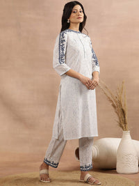 W Striped Thread Work Mandarin Collar Pure Cotton Kurta with Trousers