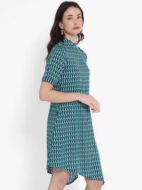 Rareism High Neck Printed Cotton A-Line Dress