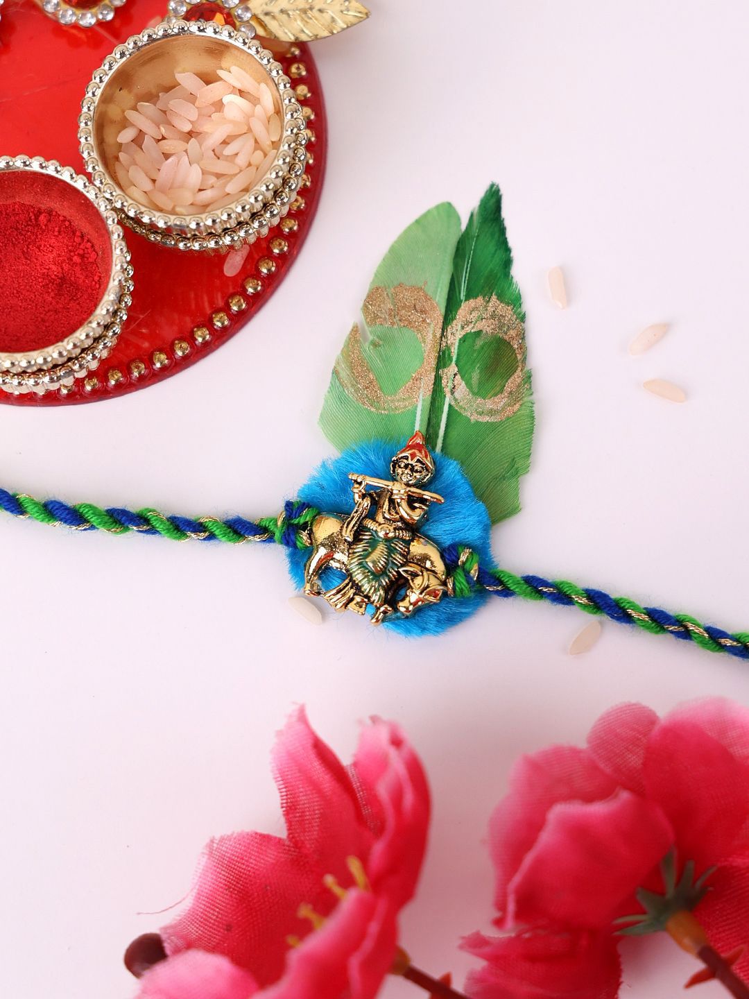 PANASH Silver Plated Krishan Temple Shaped Thread Rakhi With Roli Chawal