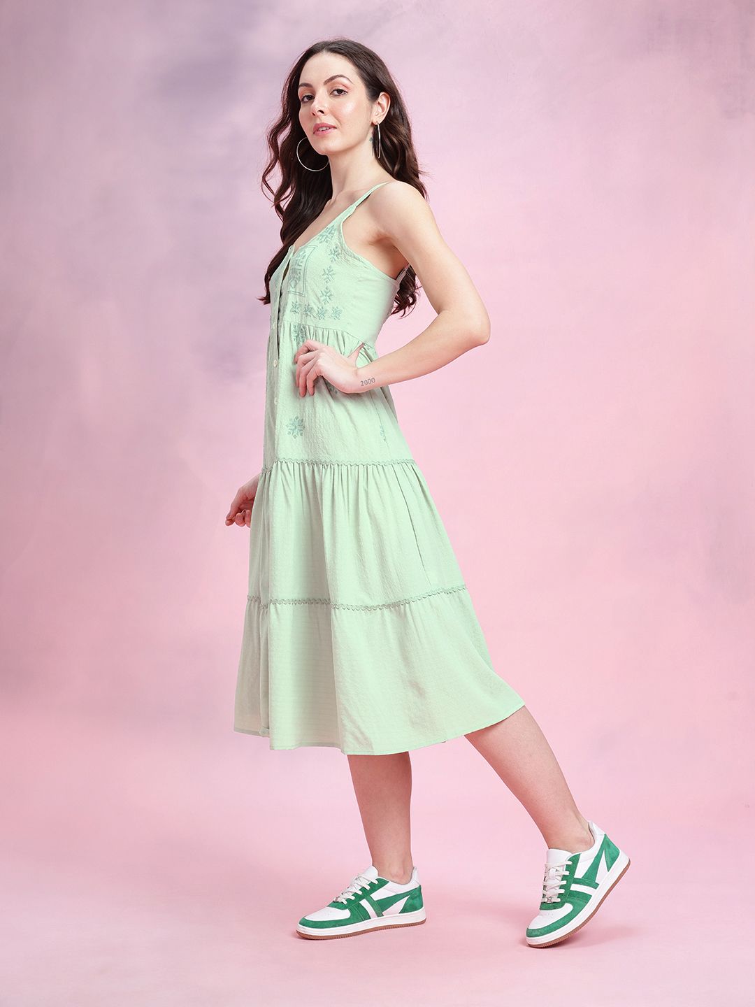 DressBerry Floral Embroidered Tiered A-Line Midi Dress